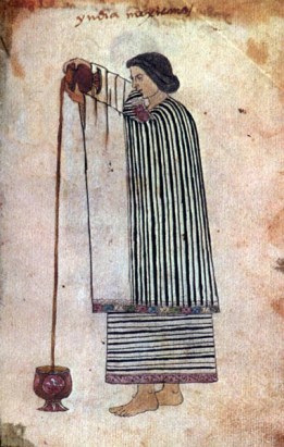Aztec woman pouring cocoa from cup to cup to make froth