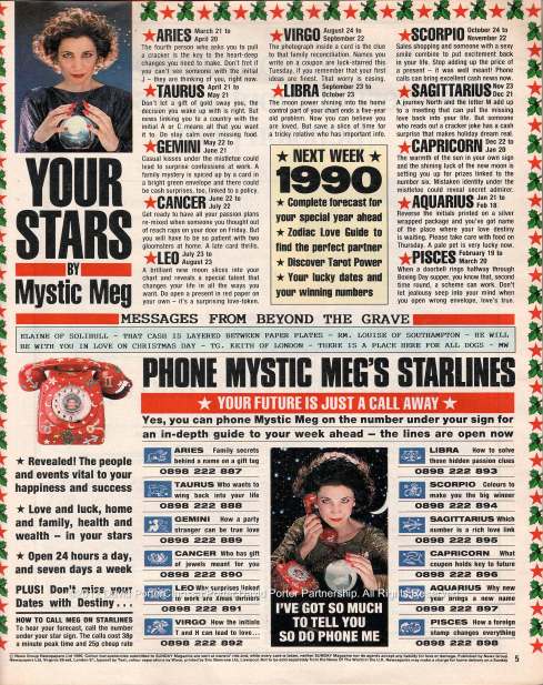Mystic Meg's Horoscope page from 'Sunday' magazine